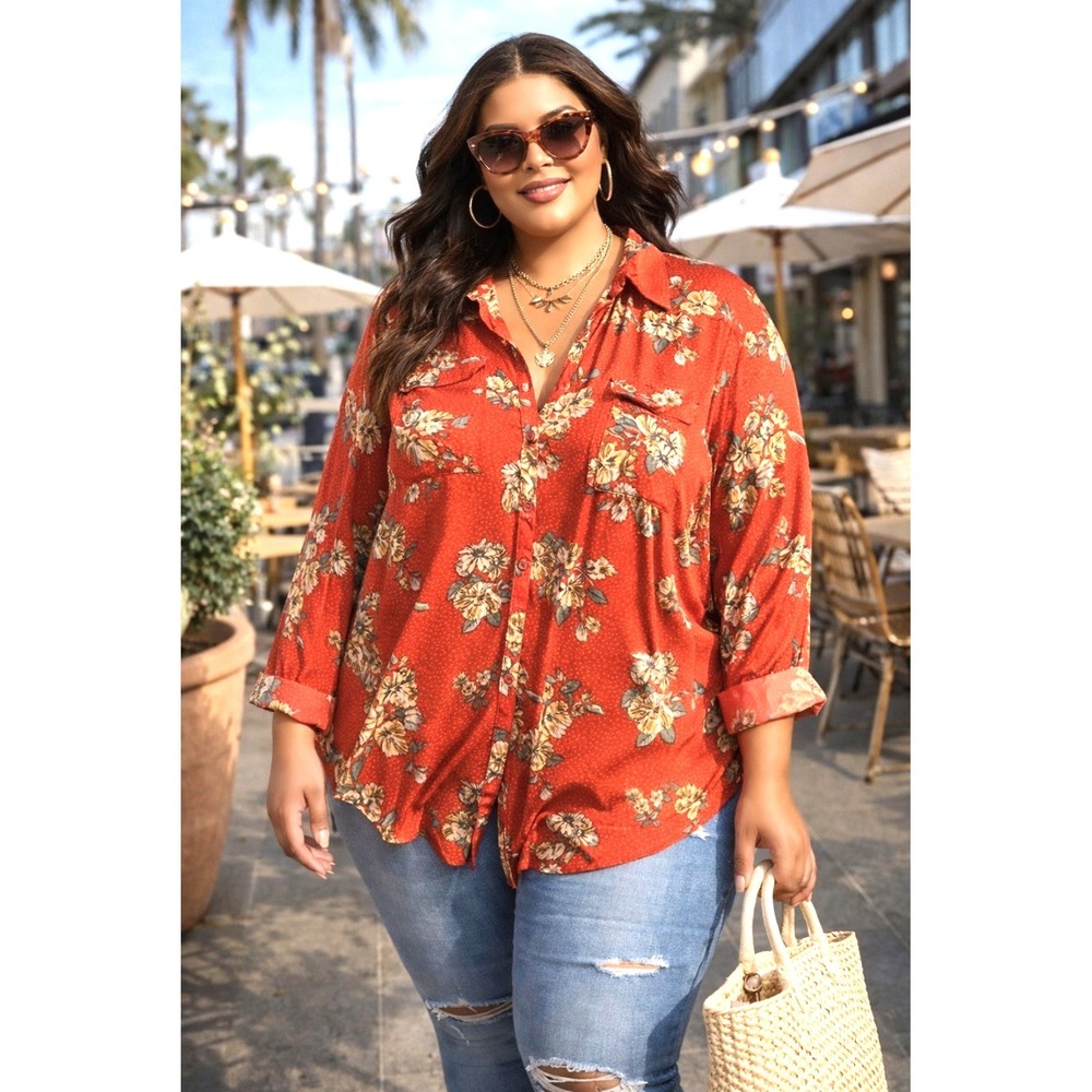 NWOT Notations Floral Sheer Artsy Tunic Blouse Button Front Long Sleeve Women 3X